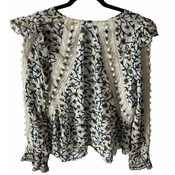 Sea New York Shirt Womens 6 White Yellow Floral Lace Eyelet Tassel Ruffle Blouse - Picture 2 of 4